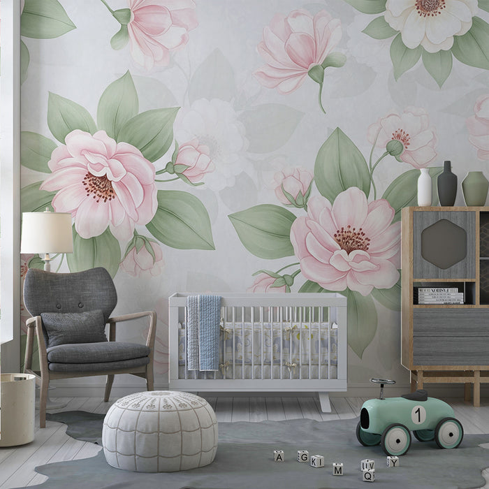 Papier peint chambre bébé | Fleurs délicates dans des nuances de rose et de blanc