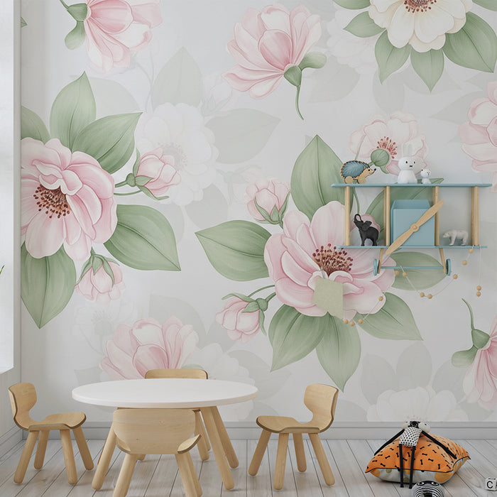 Papier peint chambre bébé | Fleurs délicates dans des nuances de rose et de blanc