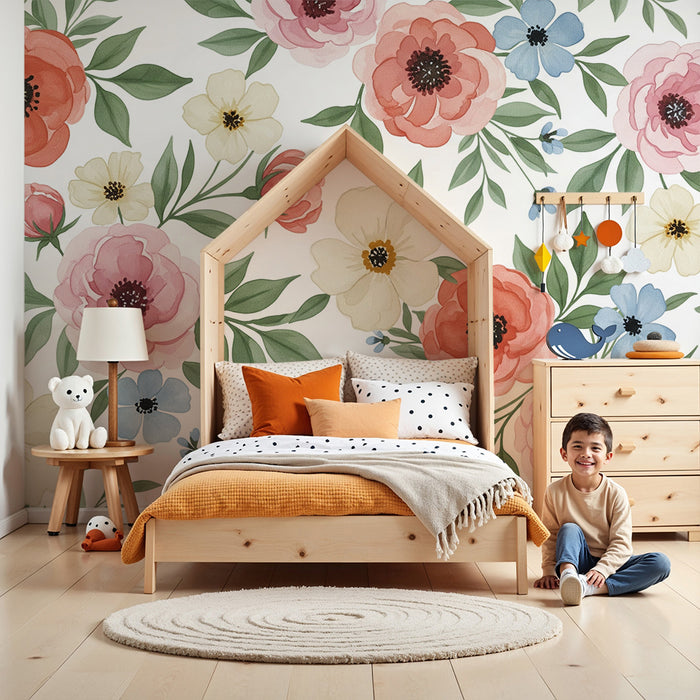 Tapet barnerom | Delikate blomster i myke farger