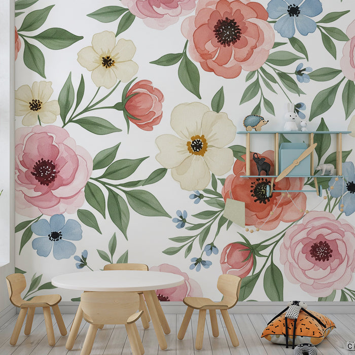 Tapet barnerom | Delikate blomster i myke farger