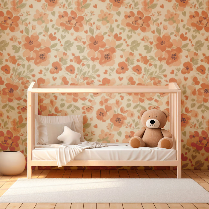 Barntapet | Delikata blommor i mjuka toner av orange och grönt