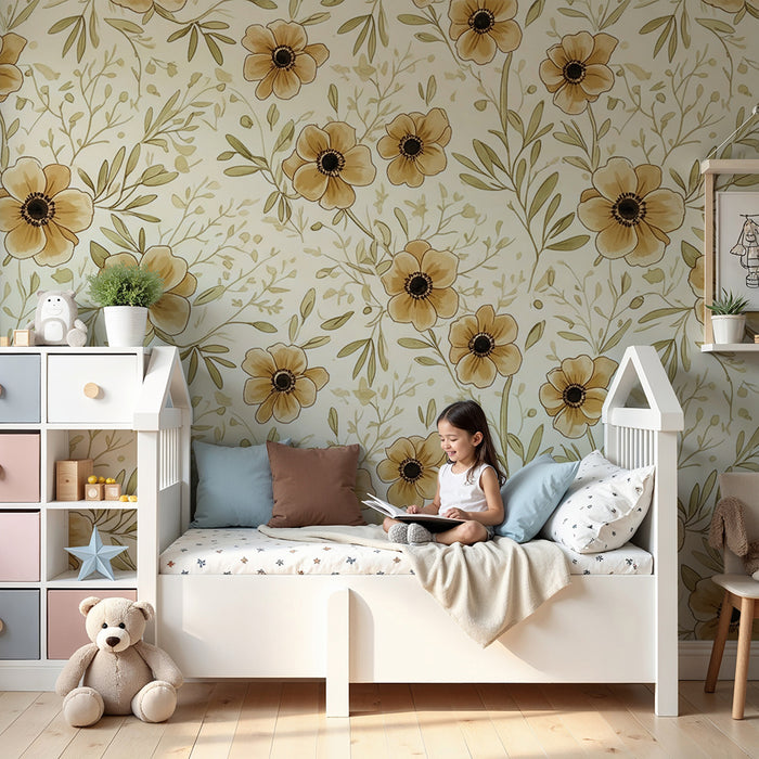 Børneværelse tapet | Delikate blomster i beige og grønne toner på en cremefarvet baggrund