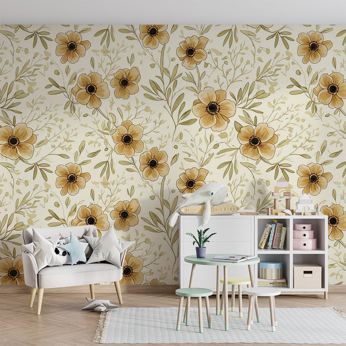 Børneværelse tapet | Delikate blomster i beige og grønne toner på en cremefarvet baggrund