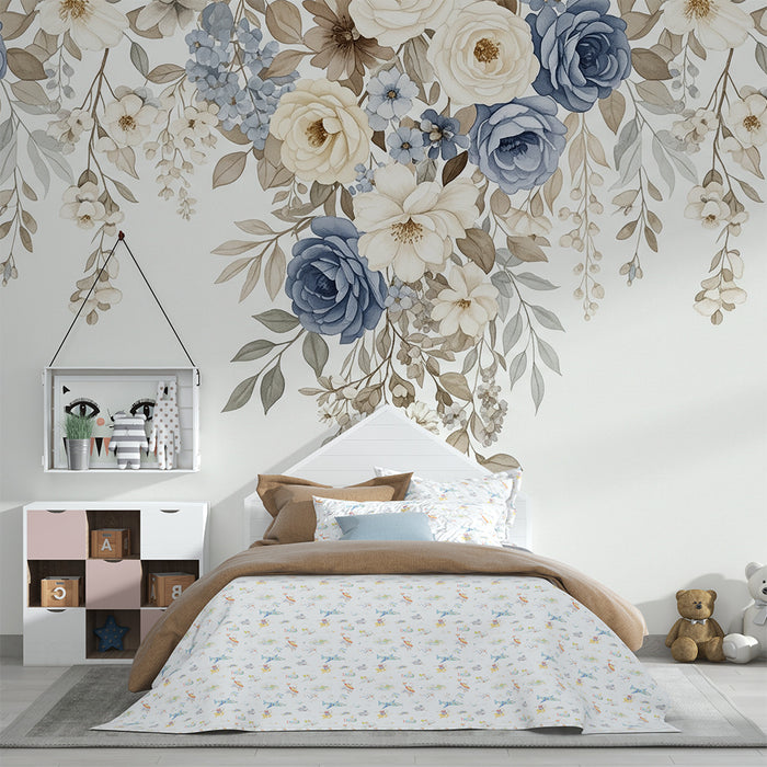 Tapeta dětského pokoje | Jemné květiny v jemných tónech modré a béžové