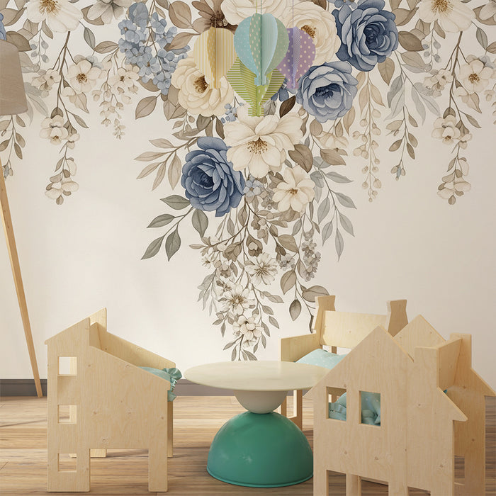 Tapeta dětského pokoje | Jemné květiny v jemných tónech modré a béžové