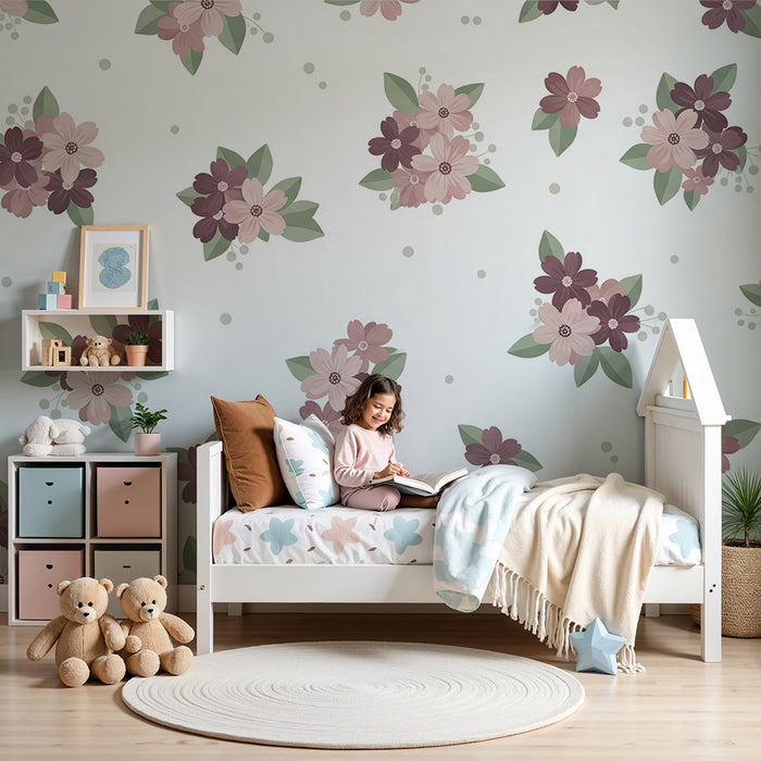 Børneværelse tapet | Delikate blomster i blide toner på hvid baggrund