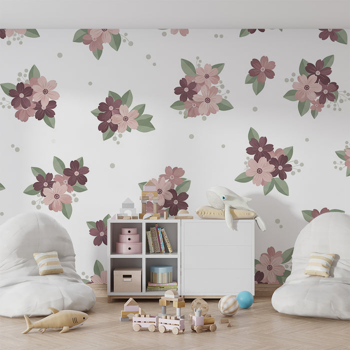 Børneværelse tapet | Delikate blomster i blide toner på hvid baggrund