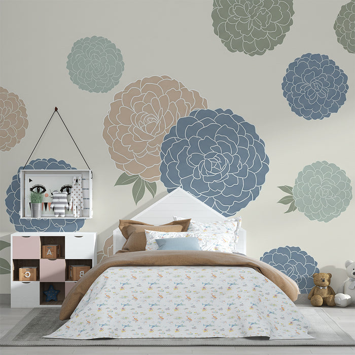 Babyzimmer-Tapete | Zarte Blüten in Pastelltönen auf cremefarbenem Grund
