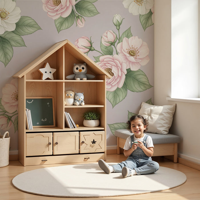 Papier peint chambre bébé | Fleurs délicates dans des tons pastel sur fond doux