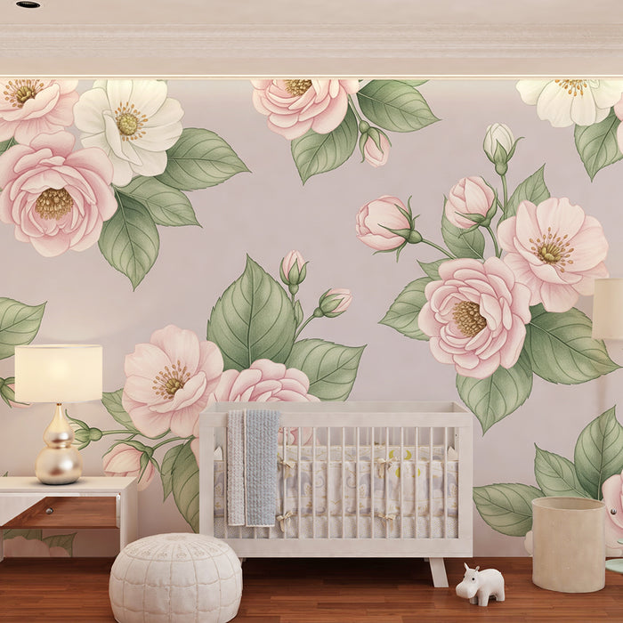 Papier peint chambre bébé | Fleurs délicates dans des tons pastel sur fond doux
