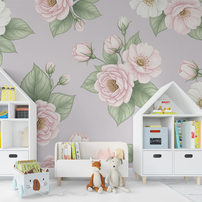 Papier peint chambre bébé | Fleurs délicates dans des tons pastel sur fond doux