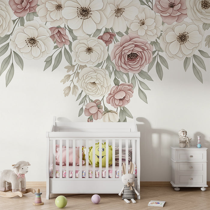Papel de parede quarto bebê | Delicadas flores em tons pastel em um fundo suave