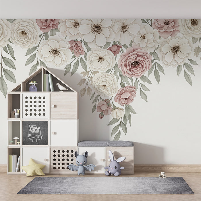 Papel de parede quarto bebê | Delicadas flores em tons pastel em um fundo suave