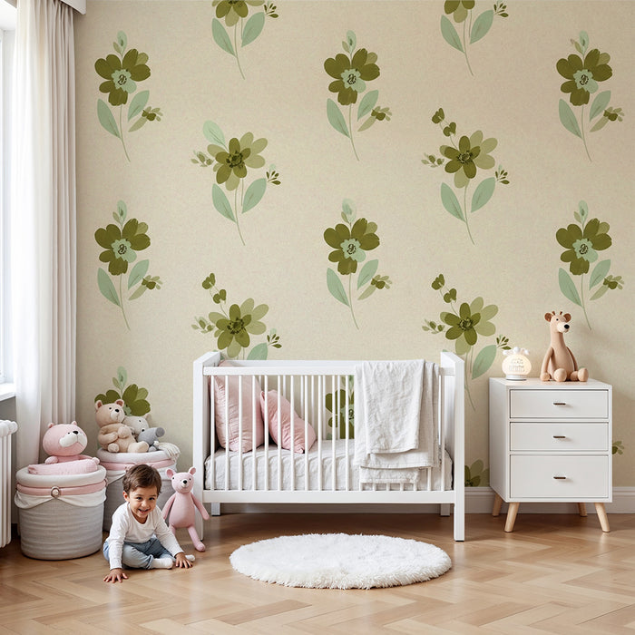 Børneværelse tapet | Delikate blomster i grønne nuancer på en creme baggrund