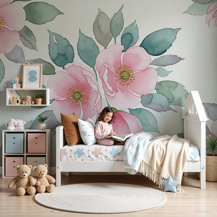Babyzimmer Tapete | Zarte Aquarellblumen mit sanftem Blattwerk