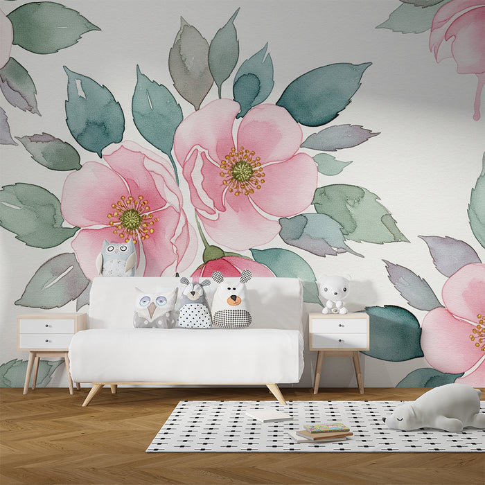 Babyzimmer Tapete | Zarte Aquarellblumen mit sanftem Blattwerk