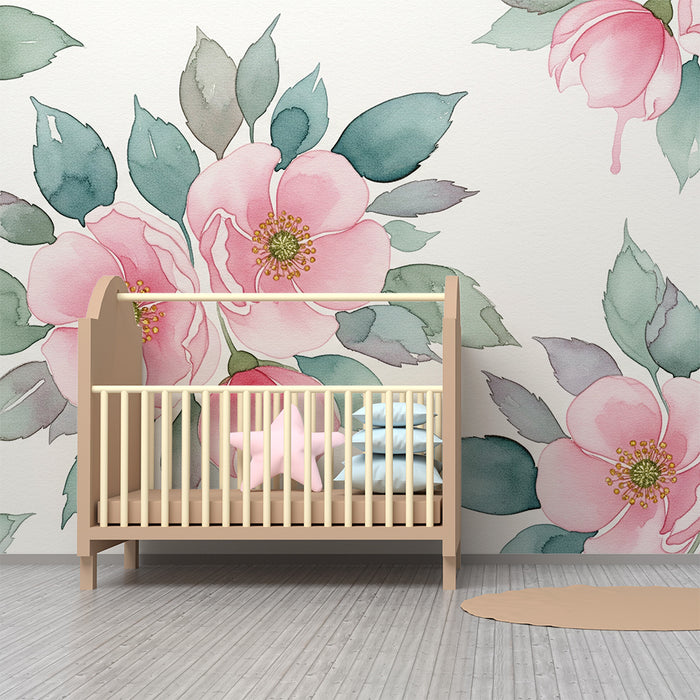 Babyzimmer Tapete | Zarte Aquarellblumen mit sanftem Blattwerk