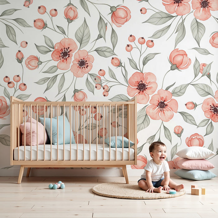 Papier peint chambre bébé | Fleurs délicates en aquarelle dans des tons roses et verts