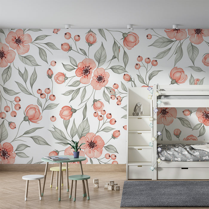 Papier peint chambre bébé | Fleurs délicates en aquarelle dans des tons roses et verts