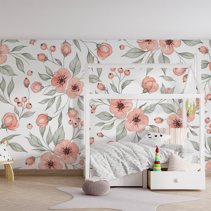 Papier peint chambre bébé | Fleurs délicates en aquarelle dans des tons roses et verts