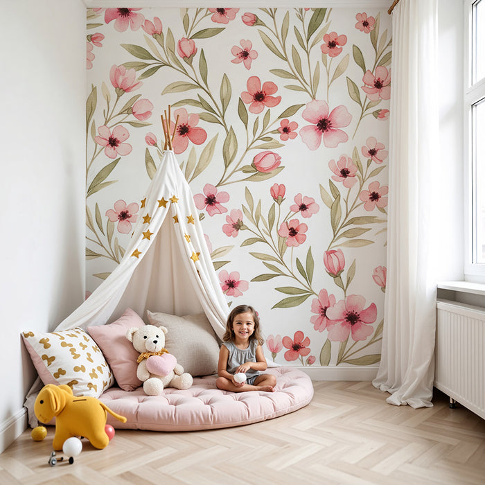 Babyværelses tapet | Blomster i blødt akvarel på hvid baggrund