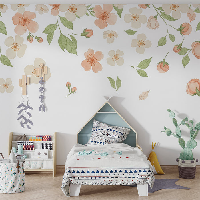 Nursery room wallpaper | Delicate watercolor flowers on a white background
