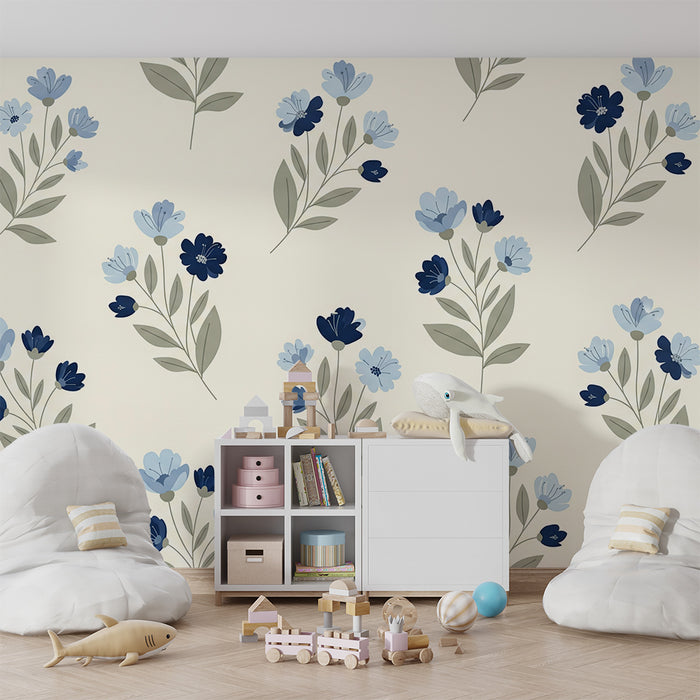 Papier peint chambre bébé | Fleurs délicates en bleu et beige sur fond crème