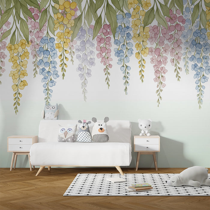 Nursery room wallpaper | Delicate pastel-colored cascading flowers