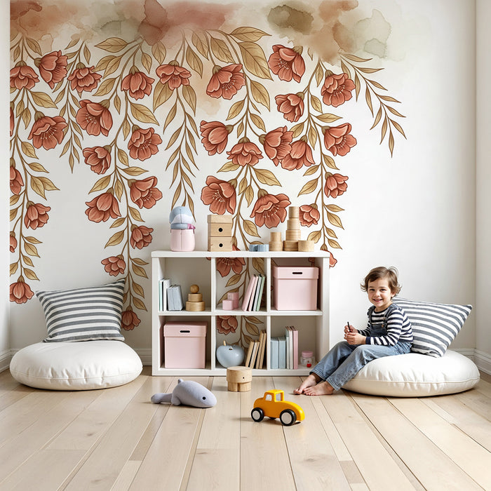 Babyzimmer Tapete | Zarte Blumen im sanften Hintergrund im Wasserfall-Stil