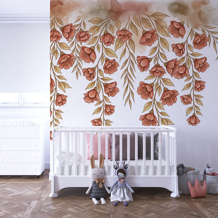 Babyzimmer Tapete | Zarte Blumen im sanften Hintergrund im Wasserfall-Stil