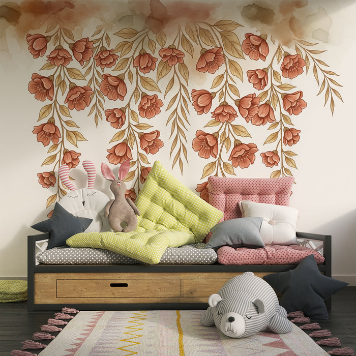 Babyzimmer Tapete | Zarte Blumen im sanften Hintergrund im Wasserfall-Stil