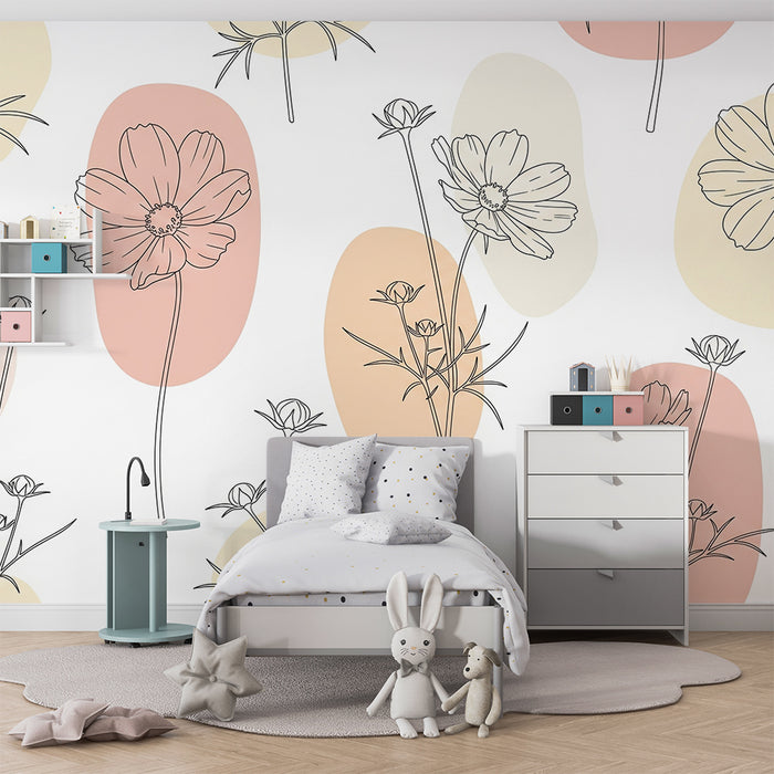 Babykamer behang | Delicate bloemenomtrek met pastelvormen