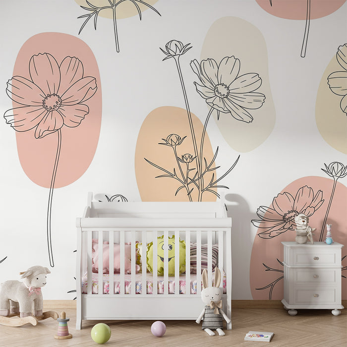 Babykamer behang | Delicate bloemenomtrek met pastelvormen