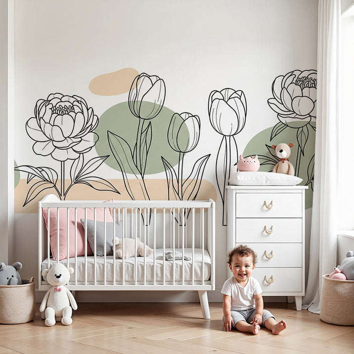 Babykamer behang | Delicate bloemen omlijnd met abstracte vormen