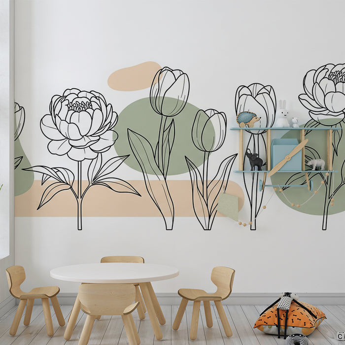 Babykamer behang | Delicate bloemen omlijnd met abstracte vormen