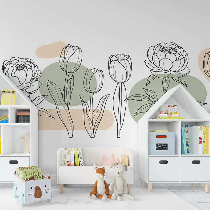 Babykamer behang | Delicate bloemen omlijnd met abstracte vormen