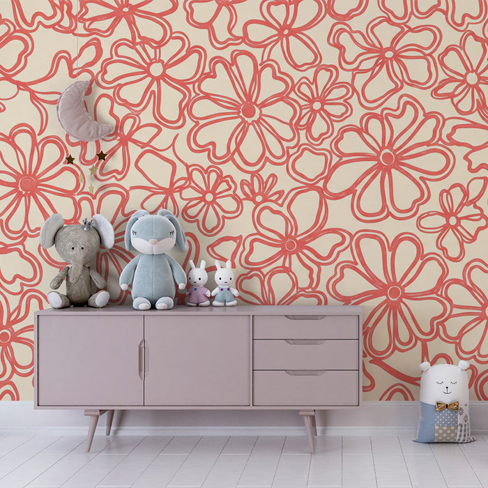 Χαρτί τοίχου βρεφικού δωματίου | Λεπτά λουλούδια με κόκκινα περίγραμματα σε κρεμ αφή