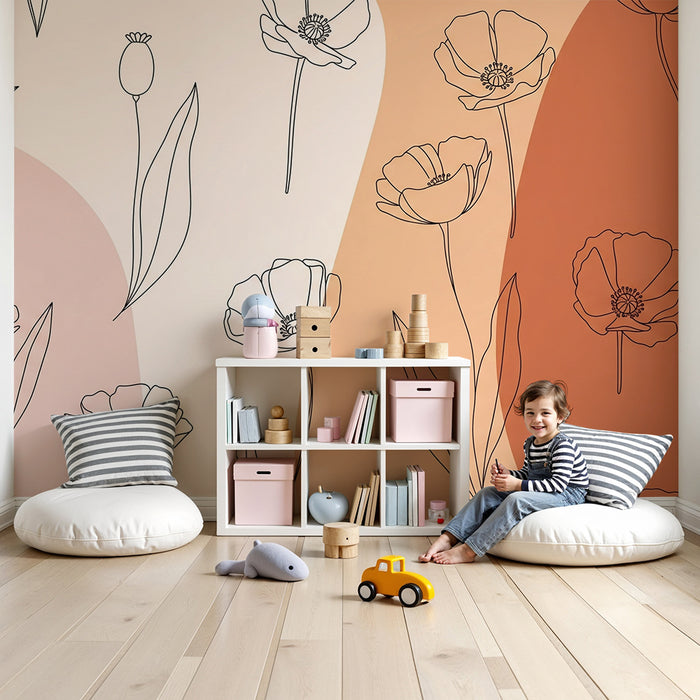 Babykamer behang | Delicate bloemen in contouren op een zachte achtergrond