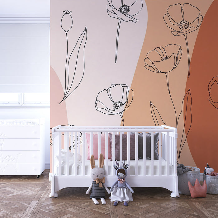 Babykamer behang | Delicate bloemen in contouren op een zachte achtergrond
