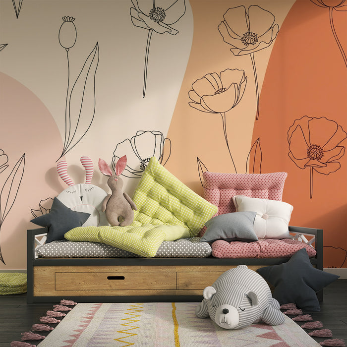 Babykamer behang | Delicate bloemen in contouren op een zachte achtergrond