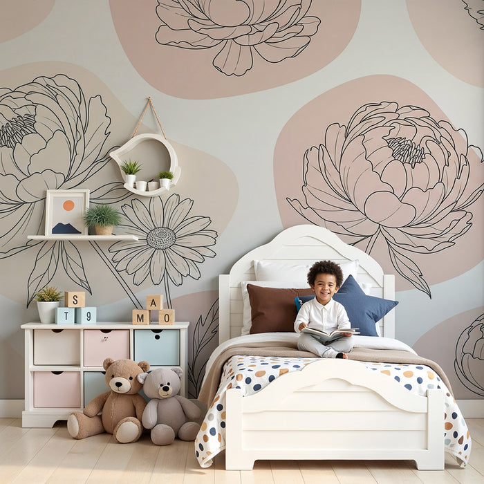 Barntapet | Delikata blommor i konturer mot en pastellfärgad bakgrund