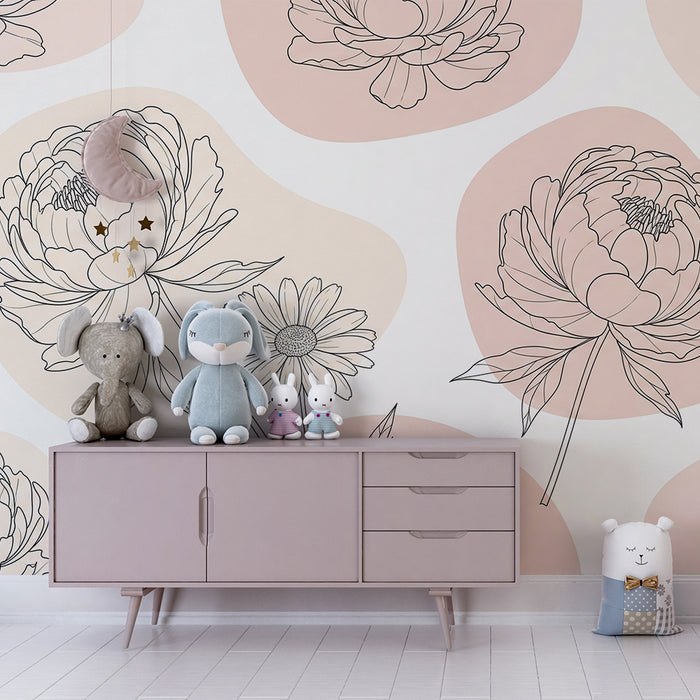Barntapet | Delikata blommor i konturer mot en pastellfärgad bakgrund
