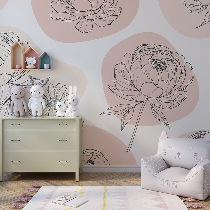 Barntapet | Delikata blommor i konturer mot en pastellfärgad bakgrund