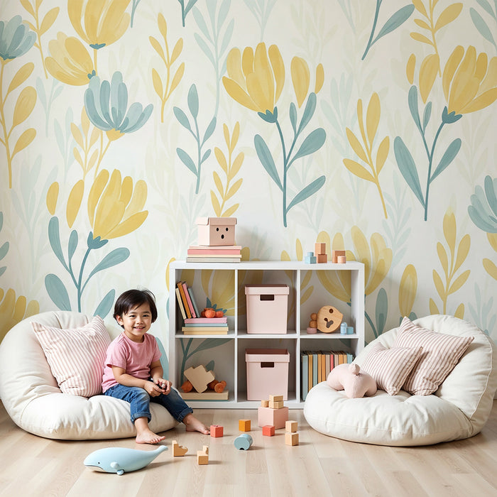 Papier peint chambre bébé | Fleurs délicates en jaune et bleu sur fond clair