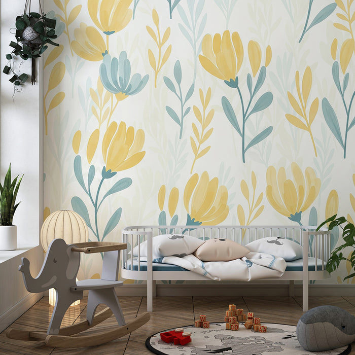 Papier peint chambre bébé | Fleurs délicates en jaune et bleu sur fond clair