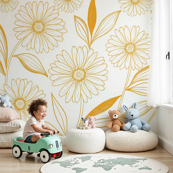 Papier peint chambre bébé | Fleurs délicates en jaune sur fond blanc