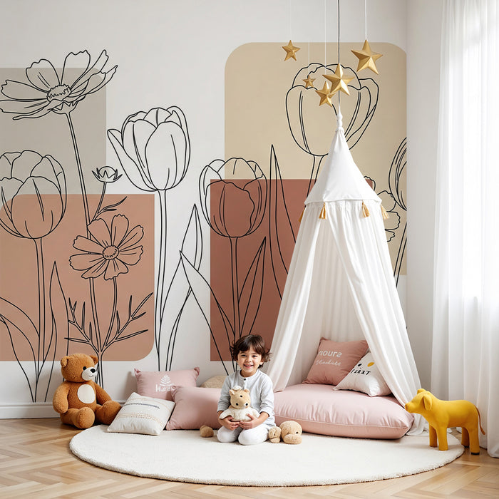 Babykamer behang | Delicate bloemen online met zachte geometrische vormen