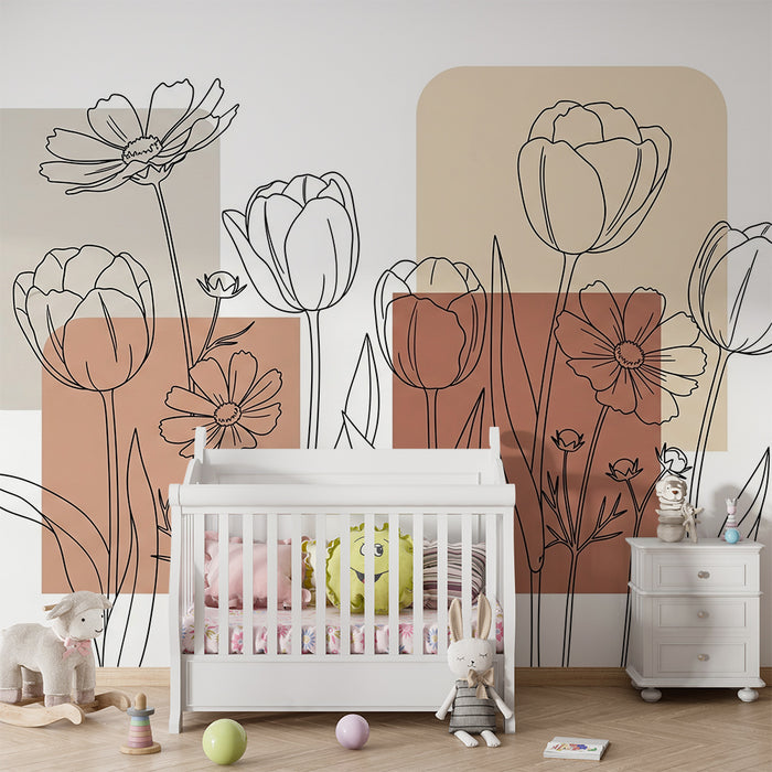 Babykamer behang | Delicate bloemen online met zachte geometrische vormen