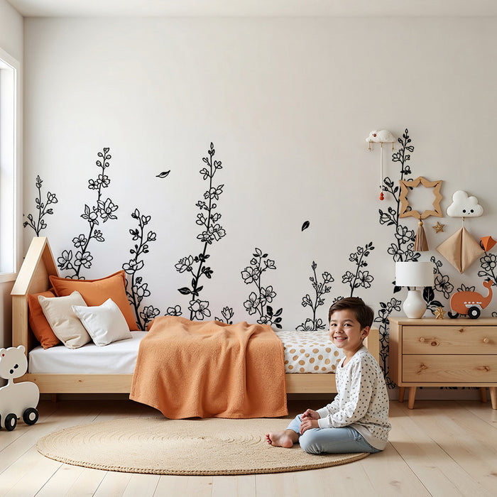 Papel pintado infantil | Flores delicadas en blanco y negro para un ambiente suave
