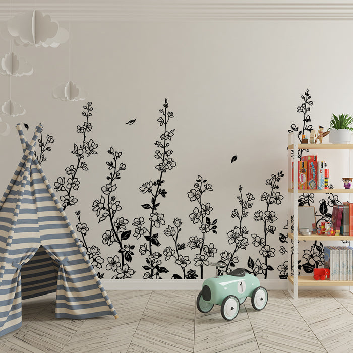 Papel pintado infantil | Flores delicadas en blanco y negro para un ambiente suave